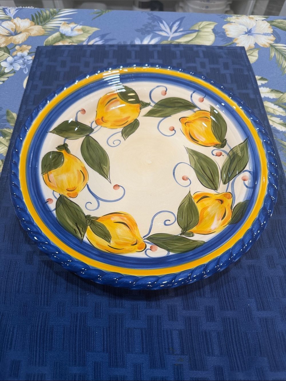 Hand-Painted Ceramic Lemon Serving Platter - Blue & Yellow